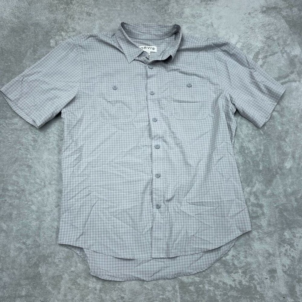 Orvis Mens Gray Plaid Short Sleeve Button-Down Shirt Size L a0839